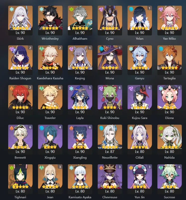 GI1063 EU AR60 Starter – Yelan C1, Raiden Shogun C2, Kaedehara Kazuha C2, Keqing C1, Mona C1, Diluc C2, Jean C3, Qiqi C4, 48 Legendary Characters 